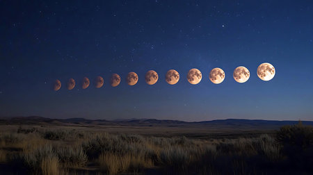 A captivating display of a lunar eclipse unfolds with multiple phases visible in the night sky. The...