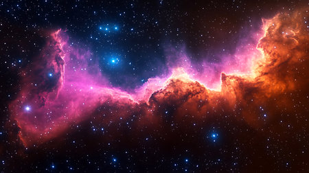 A vibrant nebula displays swirling shades of pink and orange against a backdrop of twinkling stars....
