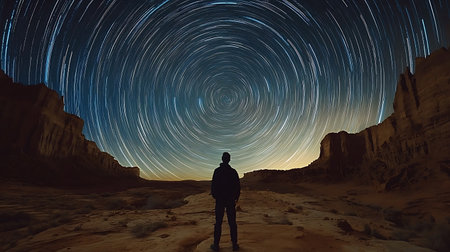 A figure stands in a vast desert, gazing up at the mesmerizing swirl of star trails created by long exposure. The peaceful twilight brings a soft glow to the rugged cliffs nearby.の写真素材