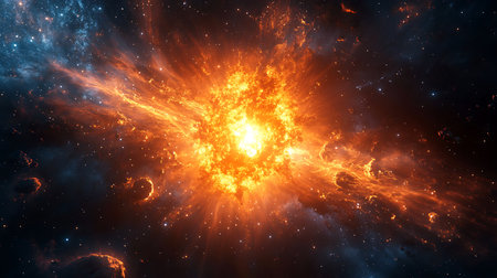 A massive explosion of energy radiates in deep space, creating a stunning display of orange and...