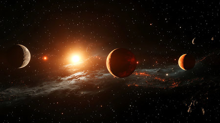 Planets of various sizes hover in a dark expanse filled with stars as a bright sun illuminates the...