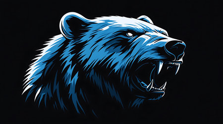 Stylized blue bear with open mouth showing sharp teeth against a black background, vector illustration.の写真素材