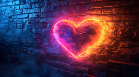 Neon heart illuminating a textured brick wall blending vibrant colors in a captivating display Love and lightの写真素材