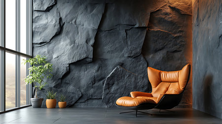 Stylish interior featuring a rock wall modern orange chair and plants near a large window creating a cozy spaceの写真素材