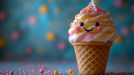 Whimsical ice cream cone with a happy face and colorful sprinkles against a festive background