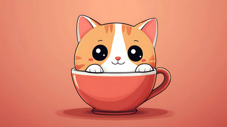 Cartoon orange and white cat peeking out of a matching orange teacup on an orange backgroundの写真素材