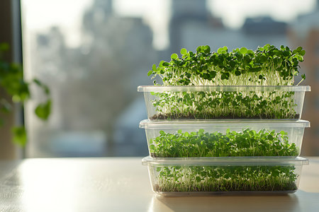Fresh sprouts stacked in clear containers bathed in sunlight a miniature indoor farm on a bright...