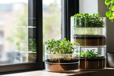 Microgreens growing in clear containers on a windowsill showcasing fresh sprouts and indoor gardeningの写真素材
