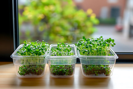 Home-grown microgreens in clear containers sit on a windowsill with a blurred background of lush foliageの写真素材