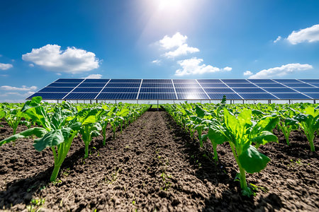 Farmland integrates solar energy with crops promoting sustainable agriculture under a clear skyの写真素材