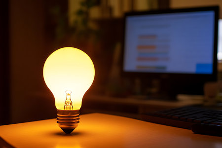 Bright Idea: A glowing light bulb illuminates a workspace symbolizing innovation and creative solutionsの写真素材