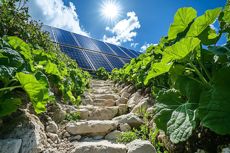 Stone steps surrounded by greenery lead to a building with solar panels on a bright day with blue...