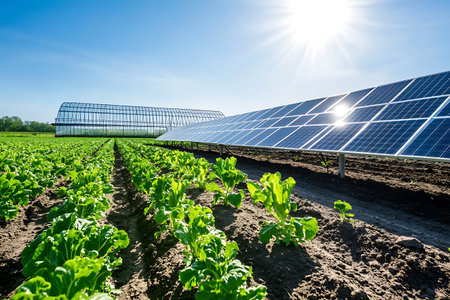 Sustainable Farming: Crops grow beside solar panels with a greenhouse in the background on a sunny dayの写真素材
