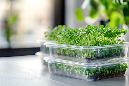 Seedlings of microgreens in clear plastic containers growing indoors near a bright window on a light surfaceの写真素材