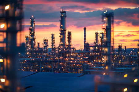 Industrial Complex at Sunset: A network of refineries under a vibrant twilight skyの写真素材