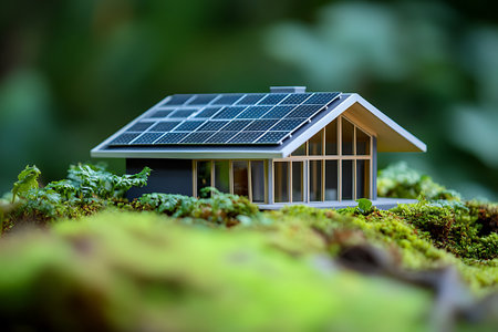Eco-Friendly Living: Solar Panel House Surrounded by Lush Greenery Representing Sustainable Energy and Harmonyの写真素材