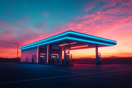 Neon glow bathes a roadside station against a vibrant sunset sky A serene and surreal landscapeの写真素材