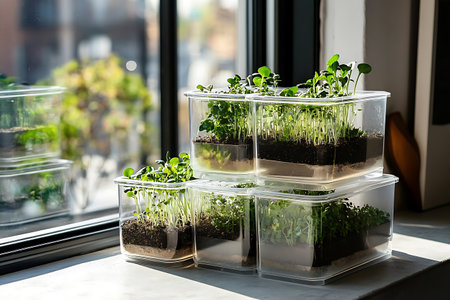 Seedlings sprouting in containers by a bright window home-grown greens a sustainable food sourceの写真素材