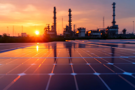 Solar panels with an industrial plant in the background at sunset representing energy transition
