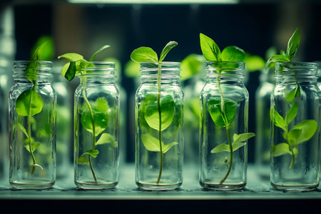 Seedlings in glass containers showcasing plant growth and propagation for sustainability and environmental effortsの写真素材