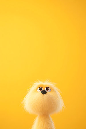 Fluffy Yellow Character: A charming creature with big eyes against a bright yellow backdropの写真素材