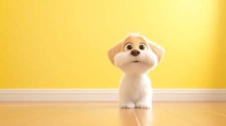 Cute puppy with big eyes looking up with a yellow background Studio shot of fluffy puppy standing indoorsの写真素材