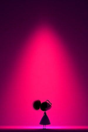 Silhouette of a person standing in a bright pink light looking up wearing glasses with a dress onの写真素材