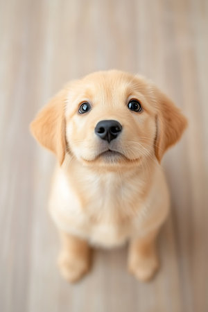 A heartwarming portrait of a fluffy puppy with irresistible eyes looking up with eager anticipationの写真素材