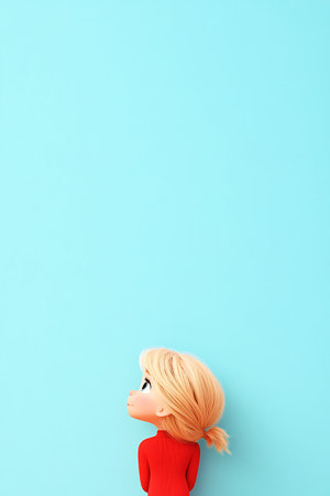 Girl in red looks up in wonder against a cyan background a hopeful and positive cartoon animationの写真素材