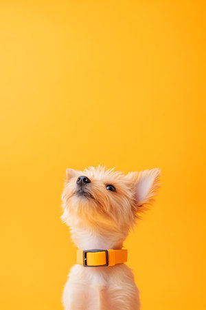 Adorable Puppy: A small fluffy dog with bright eyes and a yellow collar gazes upward on a yellow backdropの写真素材