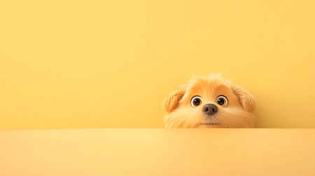 Adorable cartoon dog peeks over a solid yellow surface eyes wide with curiosity in a playful sceneの写真素材