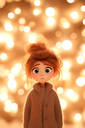 Animated character in cozy sweater with soft warm lighting and worried expression
