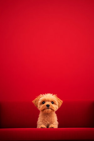 Adorable dog portrait on red couch against matching red backdrop Charming canine charisma in bright huesの写真素材