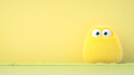 Fluffy yellow creature with large eyes in a brightly lit studio with yellow background and grass
