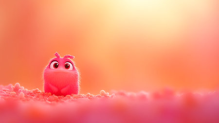 A fluffy pink creature with big eyes rests on a field of similar colored debris in soft warm lightingの写真素材