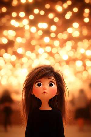 Animated girl gazes upward eyes wide with wonder set against a golden bokeh background