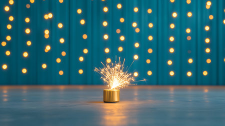 Festive Spark: Golden sparkler atop a cylinder against a backdrop of warm bokeh lights and teal panelsの写真素材
