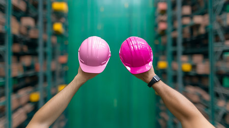 Two pink hard hats are lifted in a warehouse symbolizing support and gender equality in industry