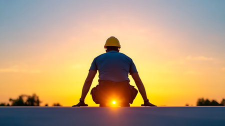 Rooftop worker gazing at the sunset after a long day of labor silhouetted against the colorful...