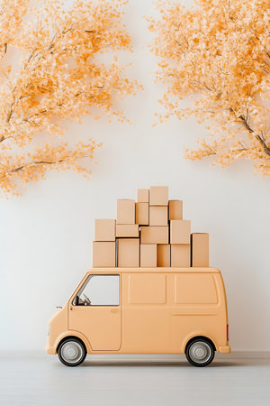 Delivery van carrying boxes under stylized floral canopy Moving services transportation concept
