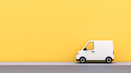 A minimalist image of a white van parked against a solid yellow wall showcasing simple design elementsの写真素材
