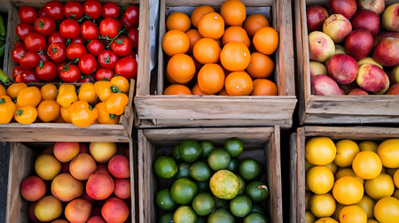 Vibrant fruits and vegetables displayed in wooden crates at a market An assortment of fresh produceの写真素材