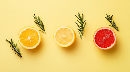Bright citrus fruits - orange lemon grapefruit - and fresh rosemary sprigs arranged on a sunny...