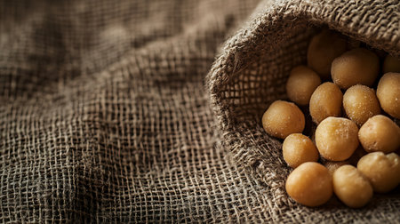Heap of lightly salted macadamia nuts spilling from a burlap sack with soft diffused lightingの写真素材