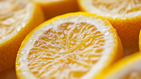 Close-up of juicy citrus slices with water droplets highlighting freshness and vibrant colorの写真素材