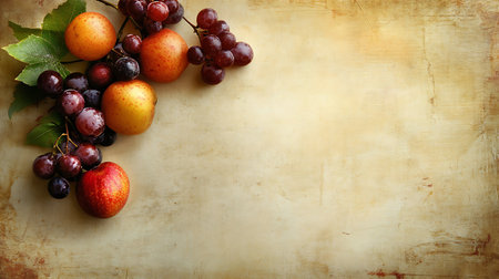 Fresh seasonal fruit with a rustic aesthetic Warm tones and textured background create an inviting sceneの写真素材