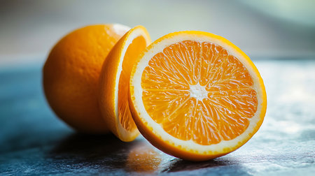 A vibrant still life of an orange cut open revealing its juicy segments against a diffused backgroundの写真素材