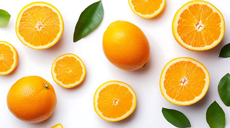 Bright citrusy and colorful orange slices arranged against a clean white backdrop with fresh green...