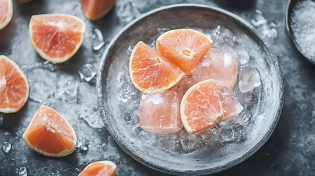 Refreshing citrus slices on ice offering a burst of freshness and flavor Perfect for a hot dayの写真素材