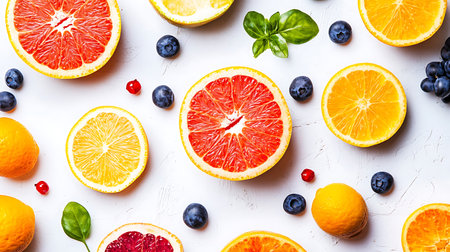 Citrus fruit slices blueberries and basil leaves create a vibrant colorful food flatlay on a white...
